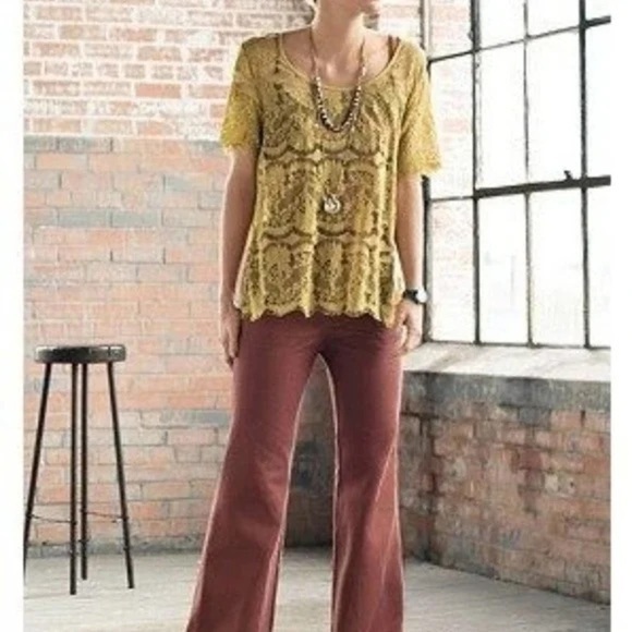 Fossil Lace Ruffle Floral Top Women Small Scalloped Boho Y2K Cottage Mustard - Picture 6 of 9